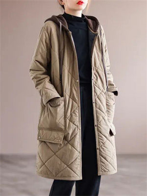 Ladies Rhombus Warm Spliced Cotton Coats Mid-length Hooded Jackets