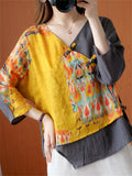 V Neck Irregular Retro Patchwork Linen Shirts for Women