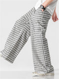 Men's Vintage Plaid Cotton Linen Wide Leg Trousers