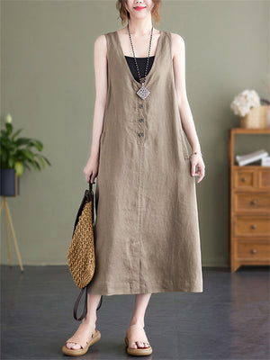 Summer U Neck Sleeveless Loose Linen A-Line Dress for Women