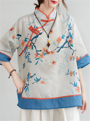 Women's Stand-up Collar Floral Print Sweet Retro Shirts