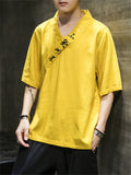 Men's Retro Linen V Neck Hanzi Embroidered Summer Shirt