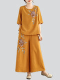 Female Ramie Embroidered Top + Wide Leg Pants Casual Two Piece Set