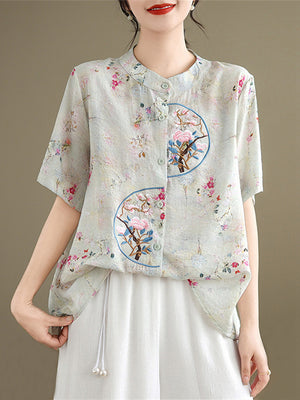 Women's Chinese Style Embroidery Summer Stand Collar Shirt