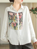 Flowers Print Long Sleeve Turn-down Collar Shirt for Ladies