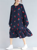 Cute Red Cherry Ruffle Hem Long Dress for Women