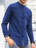 Male Linen Cotton Slim Fit Banded Collar Long Sleeve Shirt