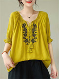 Casual Tassel Lace Up Dandelion Embroidery Shirt for Women