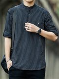 Men's Striped Stand-up Collar Half Button Shirt