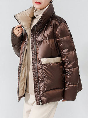 Women's Trendy Stand Collar Contrast Color Puffy Down Coat