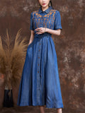 Women's Orange Leaf Embroidery Lapel Button Blue Denim Dress