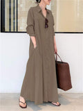 Minimalist Lapel Collar Long Sleeve Pocket Maxi Shirt Dress