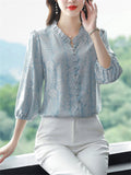 Elegant Puff Sleeve Floral Pattern Faux Silk Shirt for Women