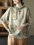 Retro Flower Print Lapel Half Sleeve Loose Shirt for Women