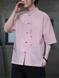 Traditional Chinese Clothing Male Knot Button Stripe Shirts