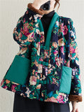 Women's Retro Flower Print V-Neck Button Up Warm Plush Coat