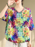 Summer Bright Daisy Print Drawstring Hem V-Neck Shirt for Female