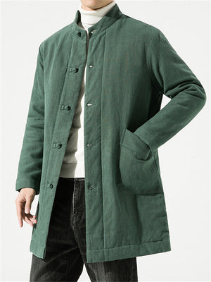 Men's Plain Winter Stand Collar Button Warm Cotton Coat