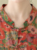 Ladies Country Style Red Flower Print Oversized Linen Shirt