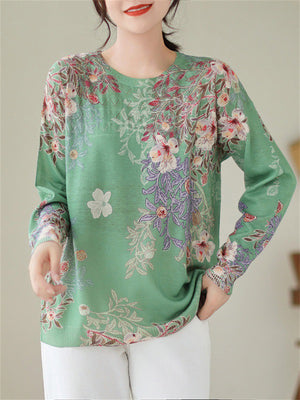 Women's Spring Floral Print Round Neck Long Sleeve Casual Shirt