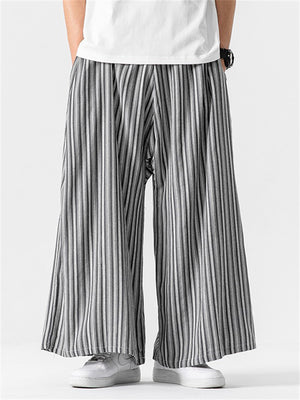 Men's Chinese Style Cotton Striped Wide Leg Pants with Strap