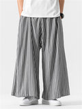 Men's Chinese Style Cotton Striped Wide Leg Pants with Strap