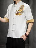 Chinese Style Hanfu Men's Golden Dragon Embroidery Knot Button Shirt