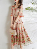 Ladies Popular Floral Embroidered V-Neck Ruffle Dress