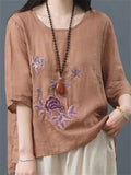 Women's Simple Floral Embroidered Round Neck Shirt