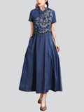 Women's Ethnic Style Hand-Embroidered A-Line Blue Denim Dress