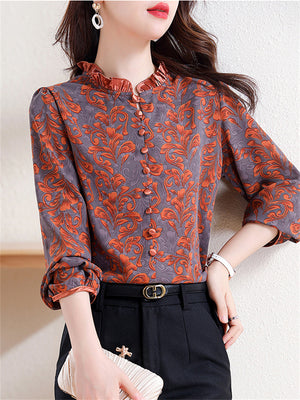 Women's Ruffled Collar Print Decorative Button Faux Silk Shirt