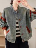 Contrast Color Retro Button Up Denim Jacket for Women