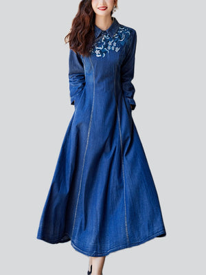 Elegant Blue Denim Flower Embroidery Women Pleated Dress