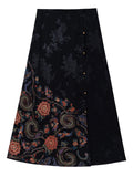 Ladies Asymmetric Flowers Embroidery Elastic Waist Skirts