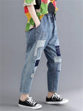 Women's Casual Washed Effect Elastic Waist Blue Denim Harem Pants