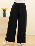 Ethnic Side Floral Embroidery Straight-Leg Pants for Women