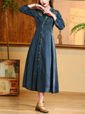 Embroidery V Neck High-Rise Women Pleated Denim Dress