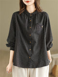 Female Popular Cotton Linen Button Up Pocket Striped Shirts