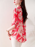 V Neck Tassel Button Floral Print Breathable Shirt for Lady