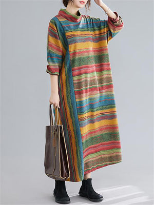 Women's Chic Contrast Color Stripe High Neck Autumn Dress