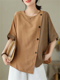 Women's Round Neck Striped Patchwork Irregular T-shirt