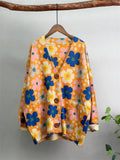 Cute Cartoon Print V Neck Button Long Sleeve Jacket for Women