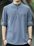 Men's Striped Stand-up Collar Half Button Shirt