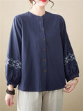 Women's Ethnic Embroideried Lantern Sleeve Stand Collor Button Linen Shirt