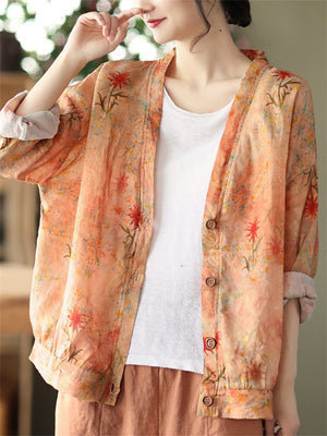 Spring Flower Print Long Sleeve Soft Texture Shirt for Lady