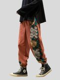 Side Floral Embroidery Elastic Waist Vintage Pants for Men