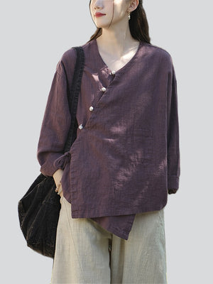 Spring V Neck Long Sleeve Soft Linen Shirt for Women