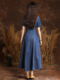 Women's Beautiful Flower Embroidery Lapel Denim Pleated Dress