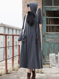 Lady Pure Color Literary Long Hooded Jacket with Pockets