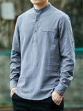 Men's Striped Stand-up Collar Half Button Shirt